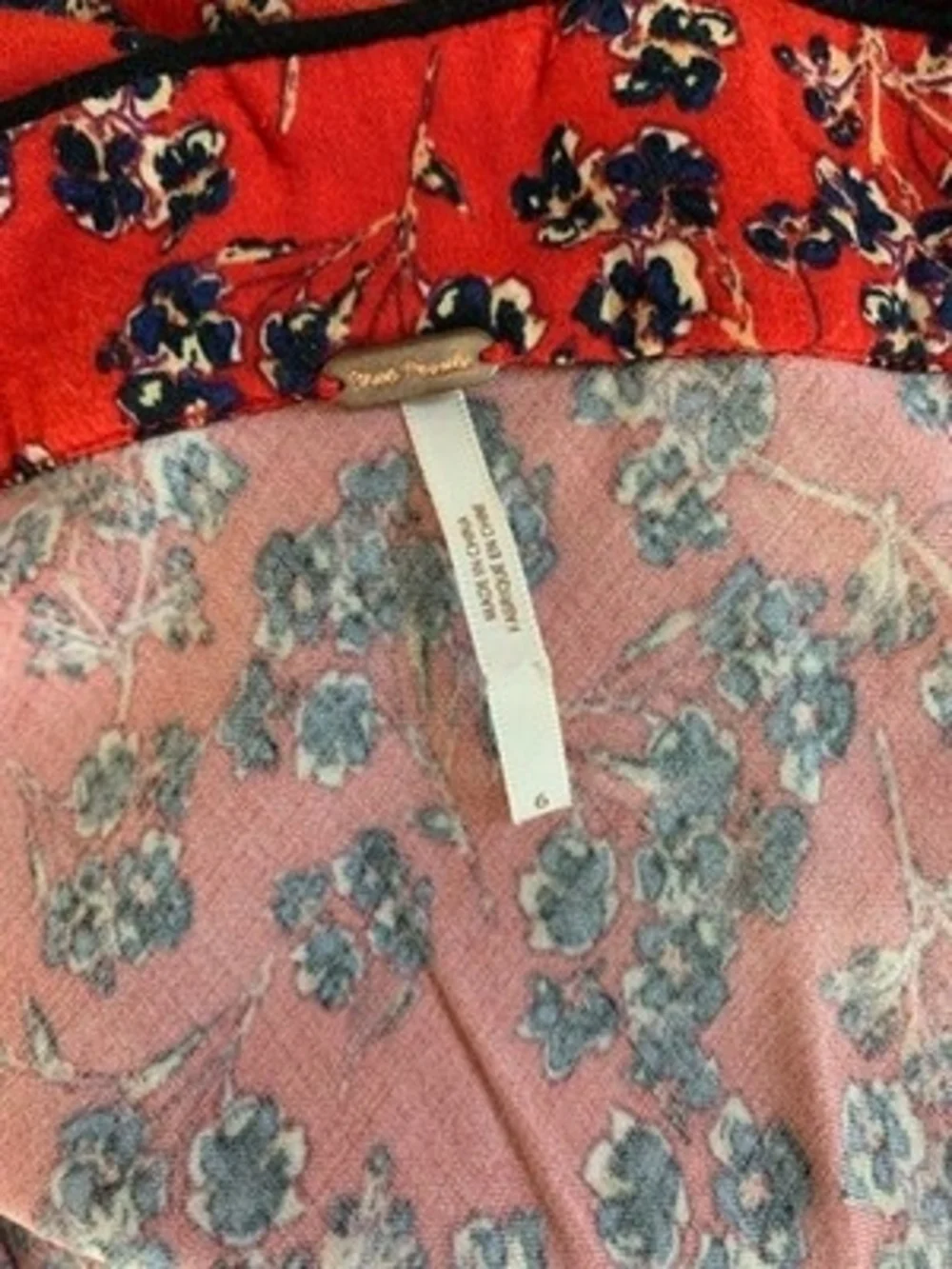 Free People Oh La La Bias Dress Size 6 Red Navy Floral V-Neck Midi Sleeveless VG